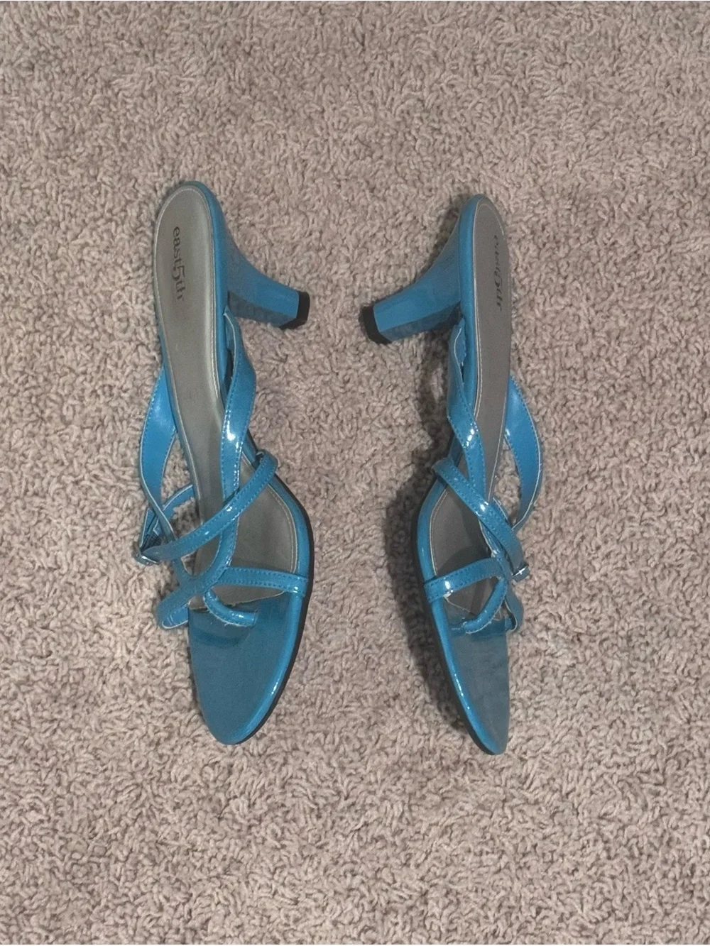East 5th Teal, Bright Blue Strappy Kitten Heel Mule Sandals